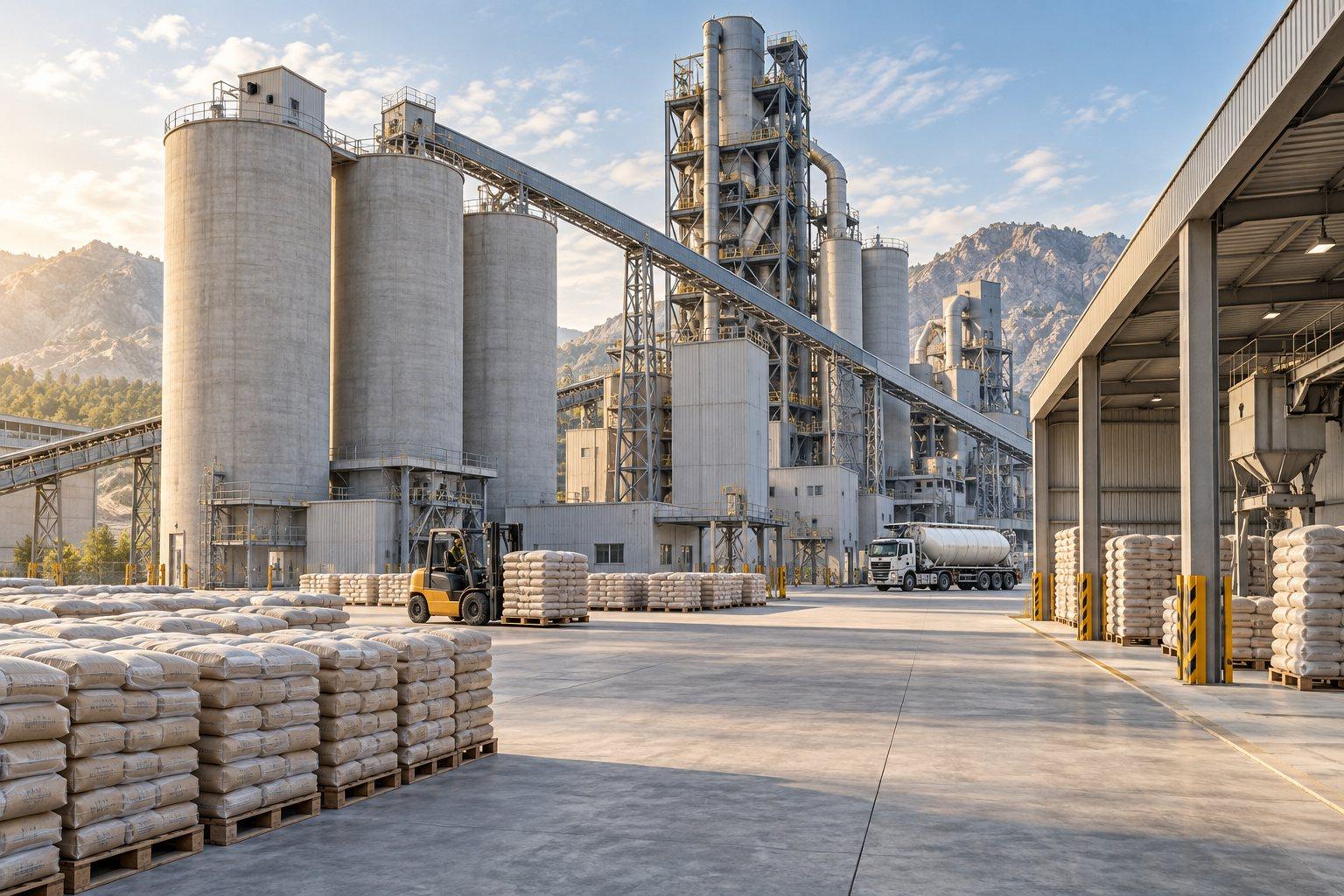 Illustration of cement silos, conveyors, bagged cement, and a dispatch area