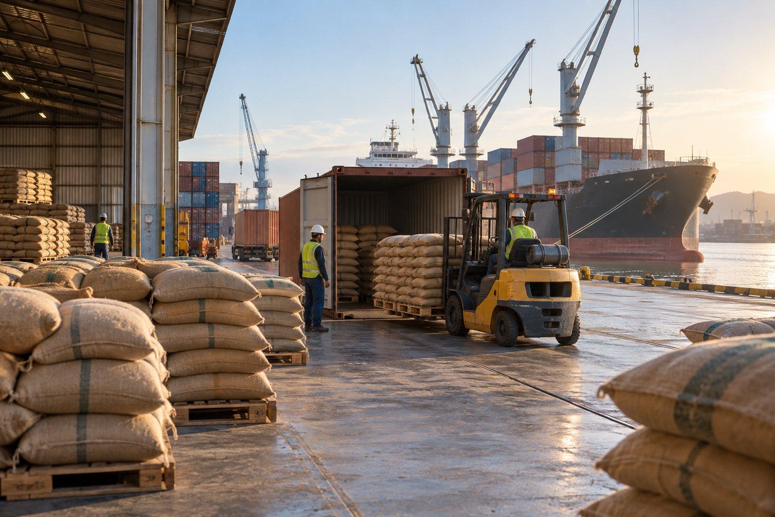 Illustration of stacked sacks and shipping containers on a quay with a gantry crane and a vessel