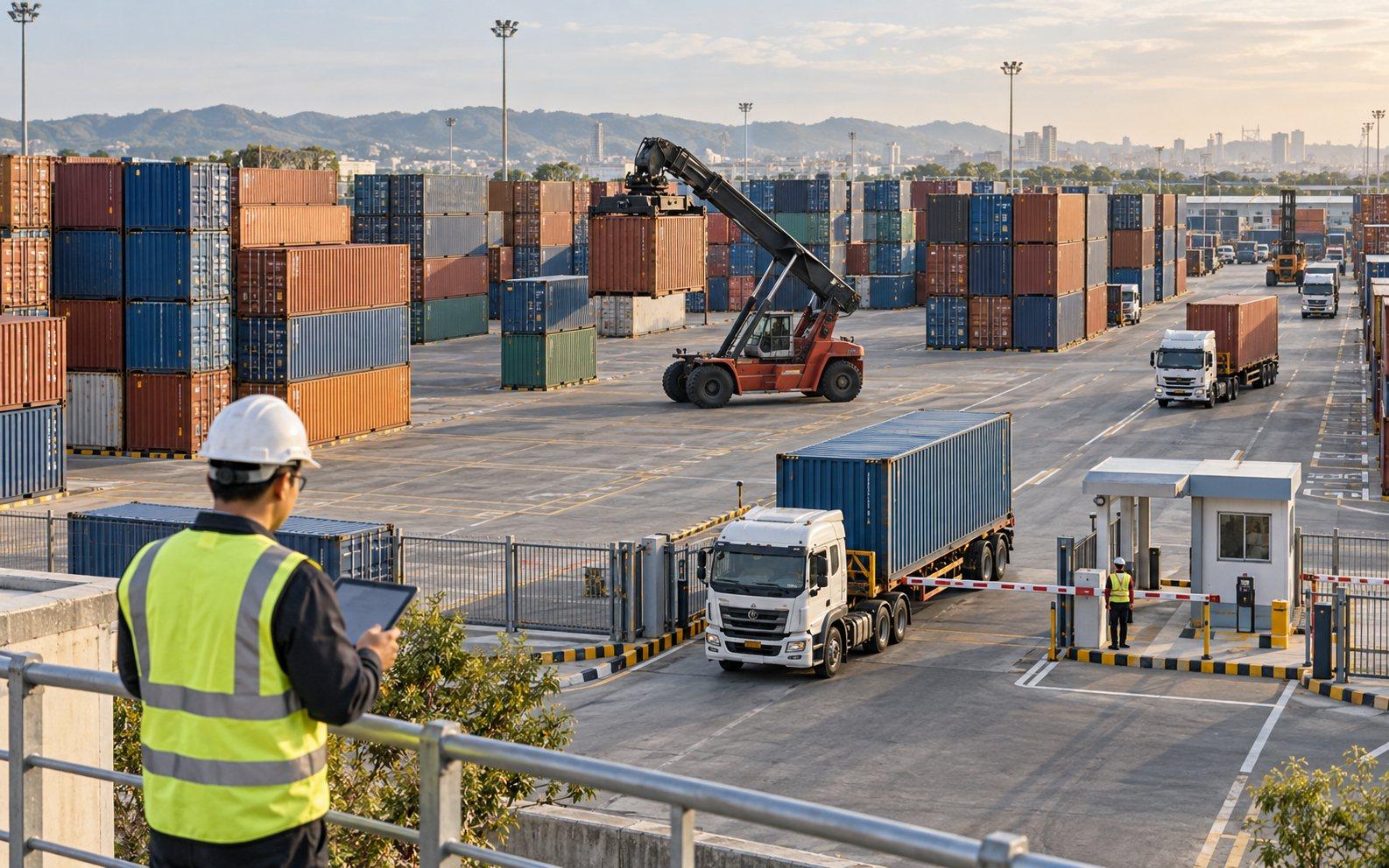 Representative container yard with stacked containers, a reach stacker, truck lanes, gate control, and a supervisor using a tablet