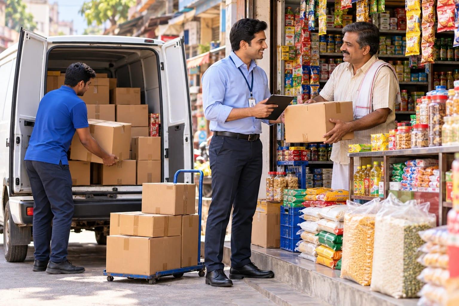 Van salesperson with a tablet handing a carton to a shopkeeper at a stocked grocery store while a helper unloads more cartons from the van