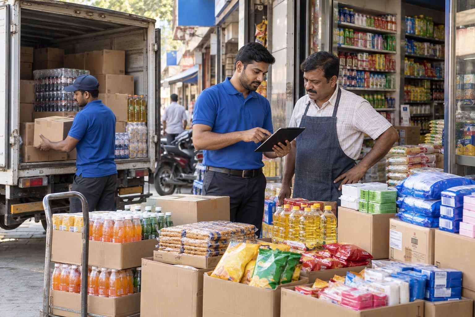 Representative FMCG distribution scene with packaged food, beverages, household goods, a delivery truck, and a salesperson confirming a retailer order on a tablet