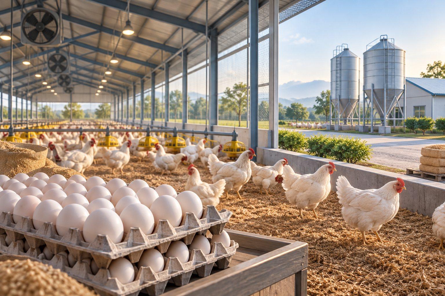 Illustration of a clean poultry house with white chickens, feed silos, and egg trays