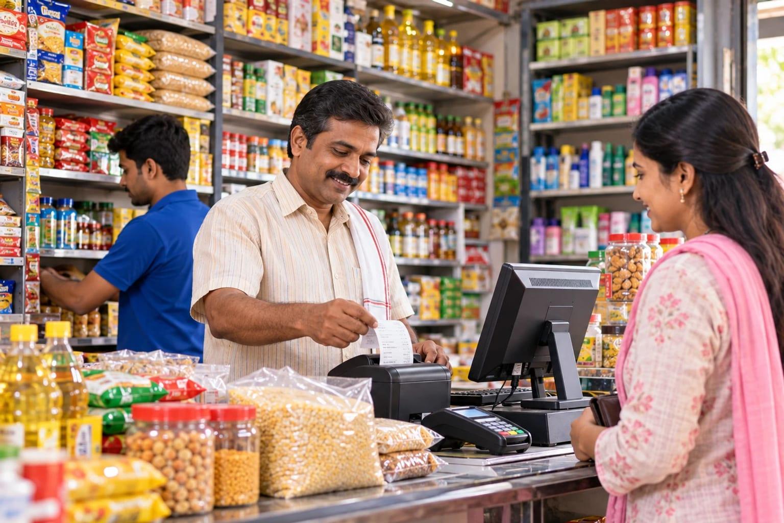Shopkeeper handing a printed bill to a customer at a grocery counter with a billing computer, card machine, and stocked shelves