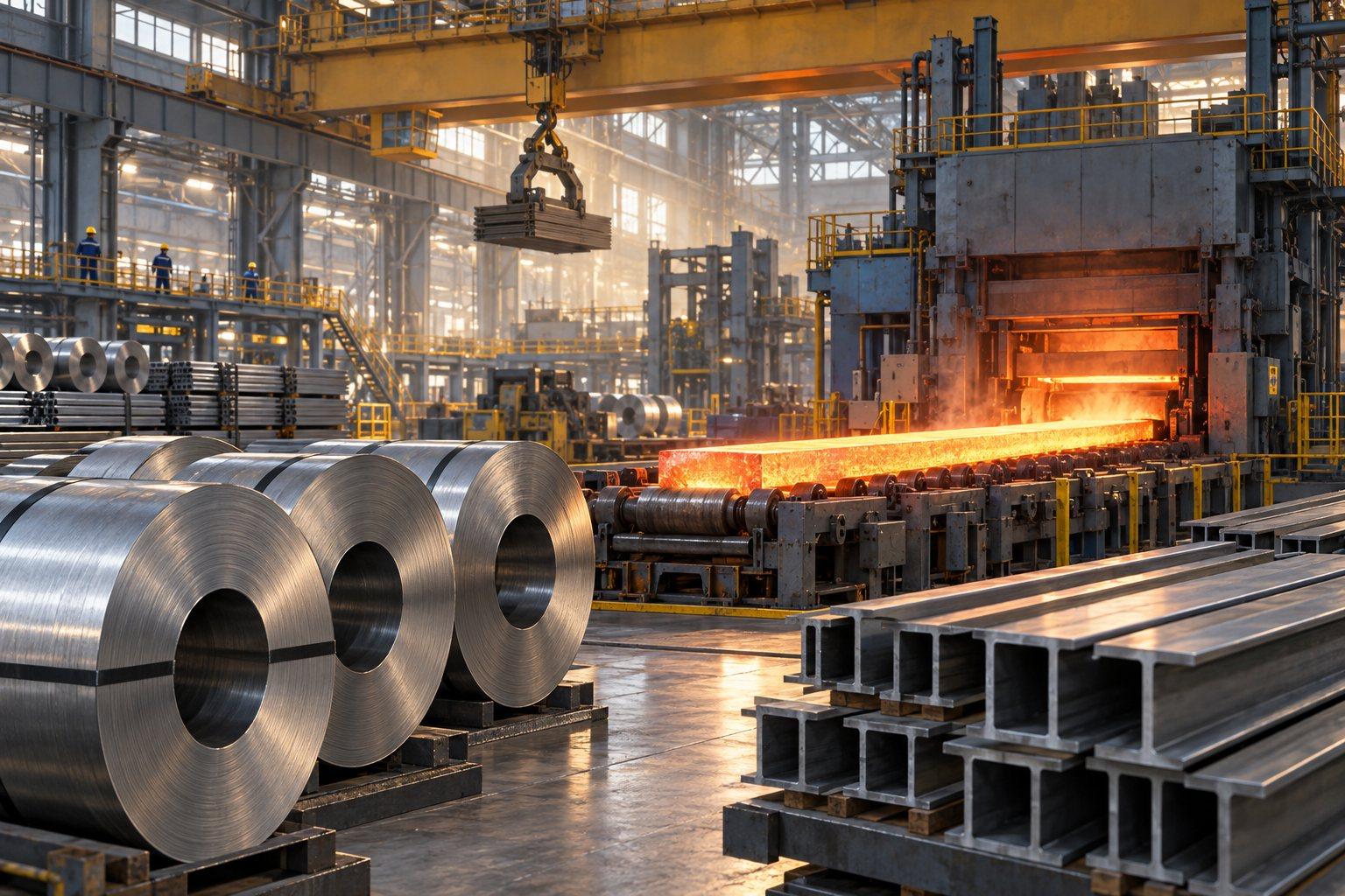 Illustration of a steel rolling mill with hot billets, finished coils, and beams