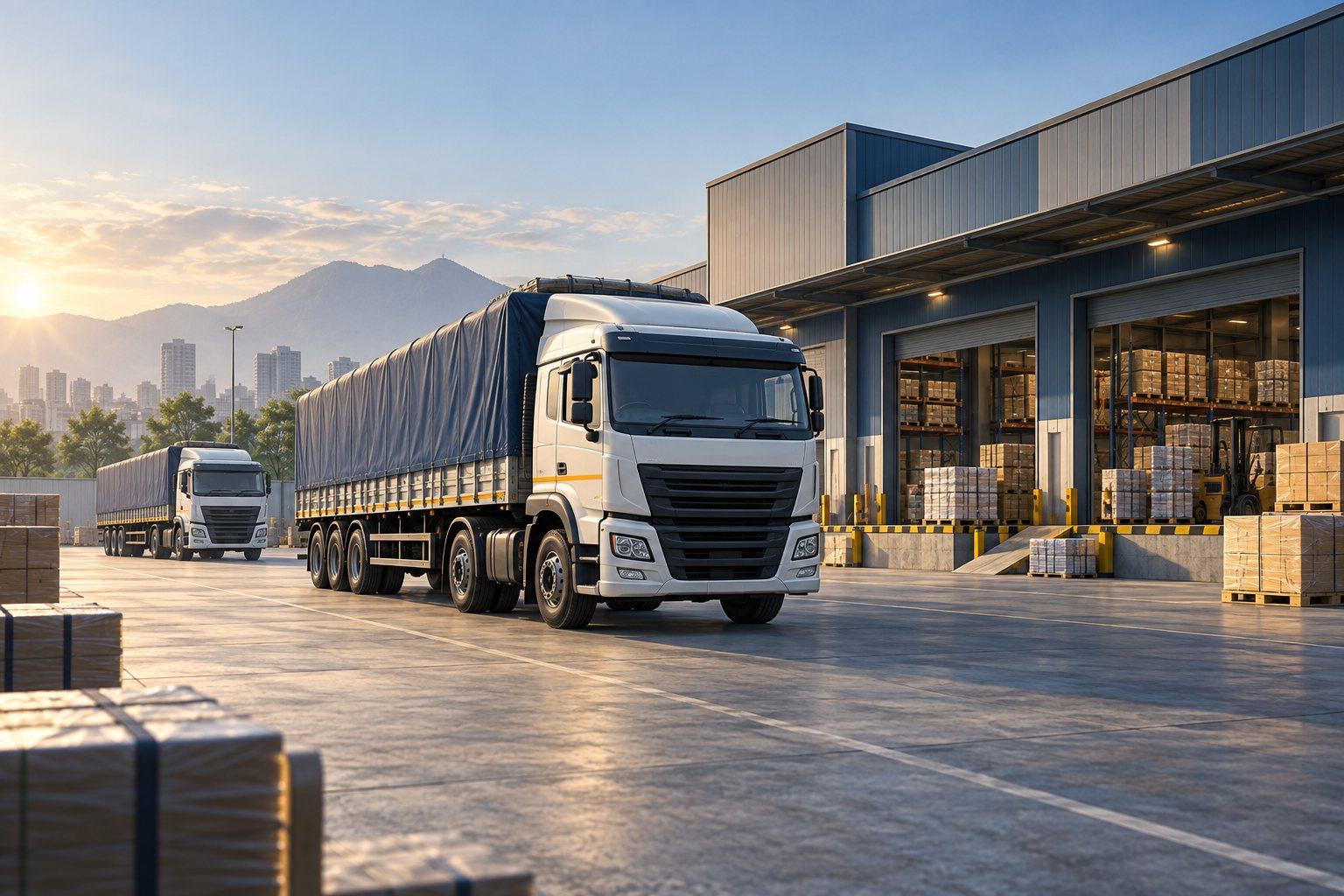 Illustration of freight trucks at a distribution warehouse