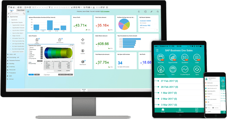 SAP Business One interface displayed on desktop, tablet, and phone