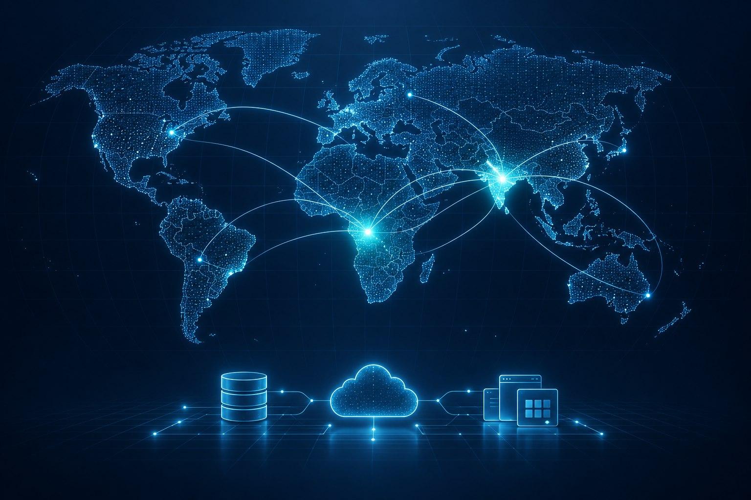 Conceptual world map highlighting Africa and India with digital connections for remote IT and ERP delivery